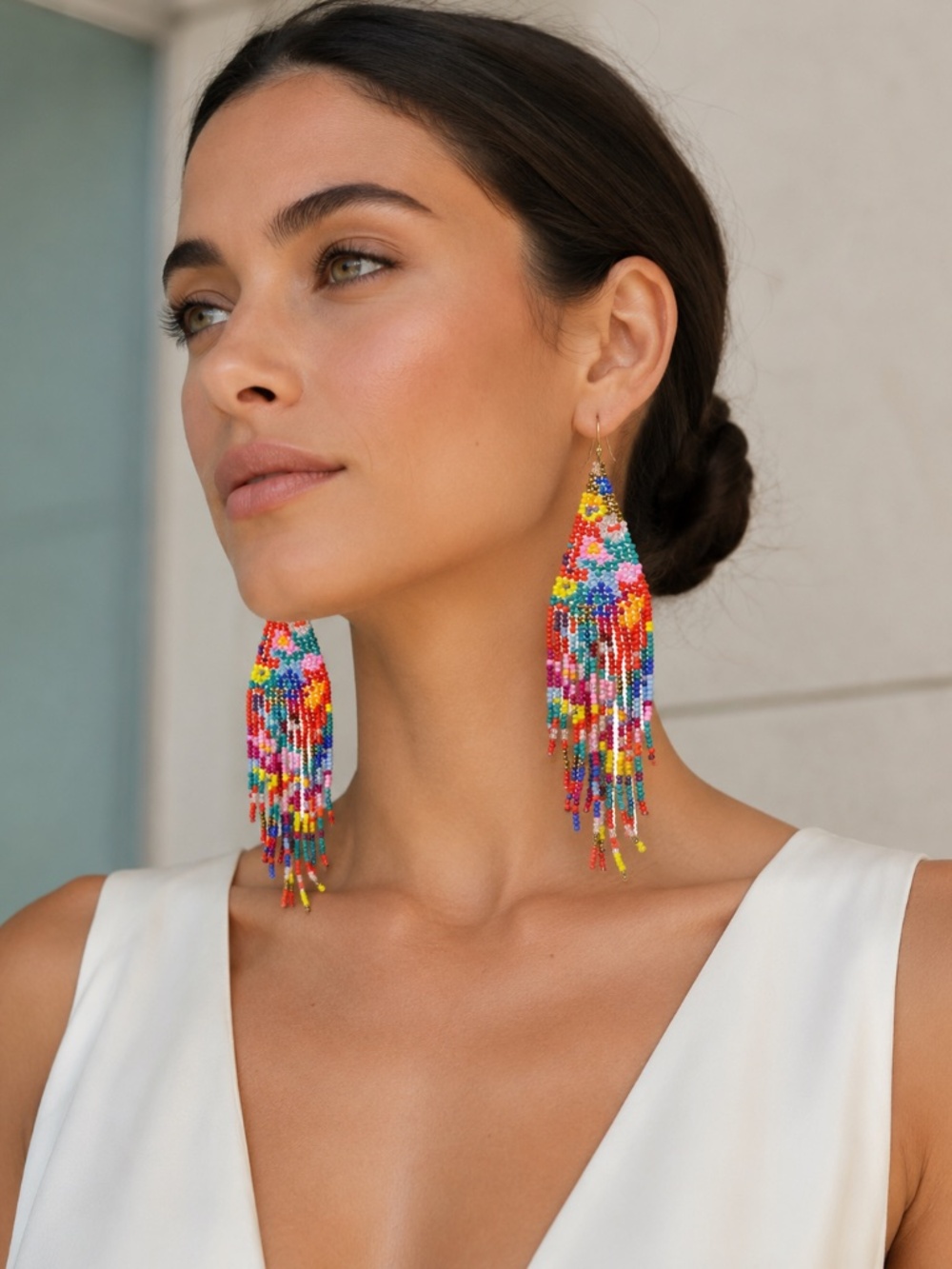 Handmade Multicolor Beaded Fringe Earrings – Lightweight Boho Festival Style